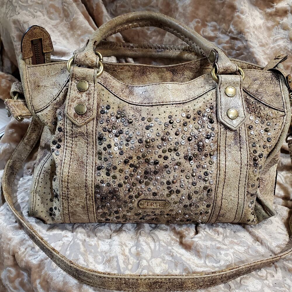 Frye Deborah Distressed Studded Leather Boho Satchel Hobo Bag